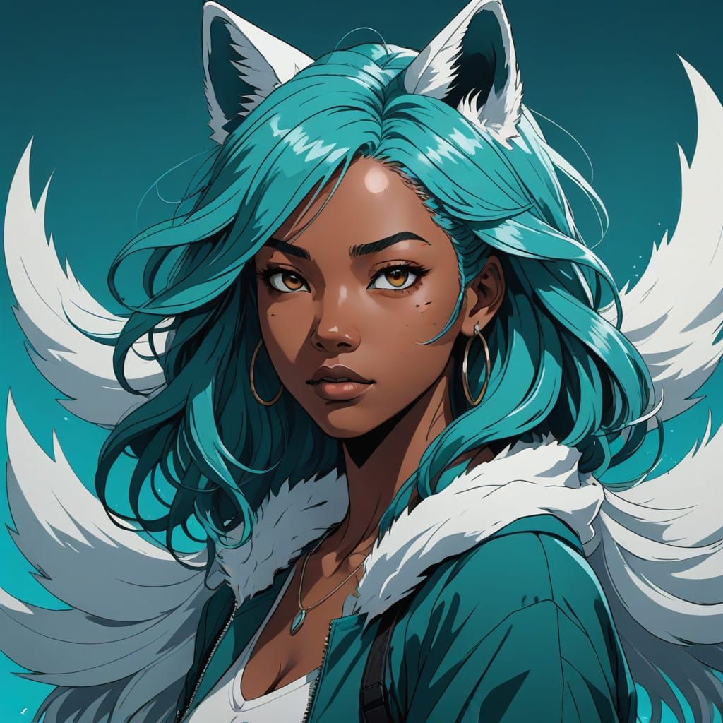 Vibrant Teenage Girl with Kitsune Features in Teal Hair