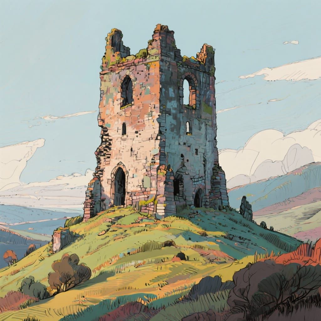 Ancient Tower Ruin on Hill in Vivid Colors