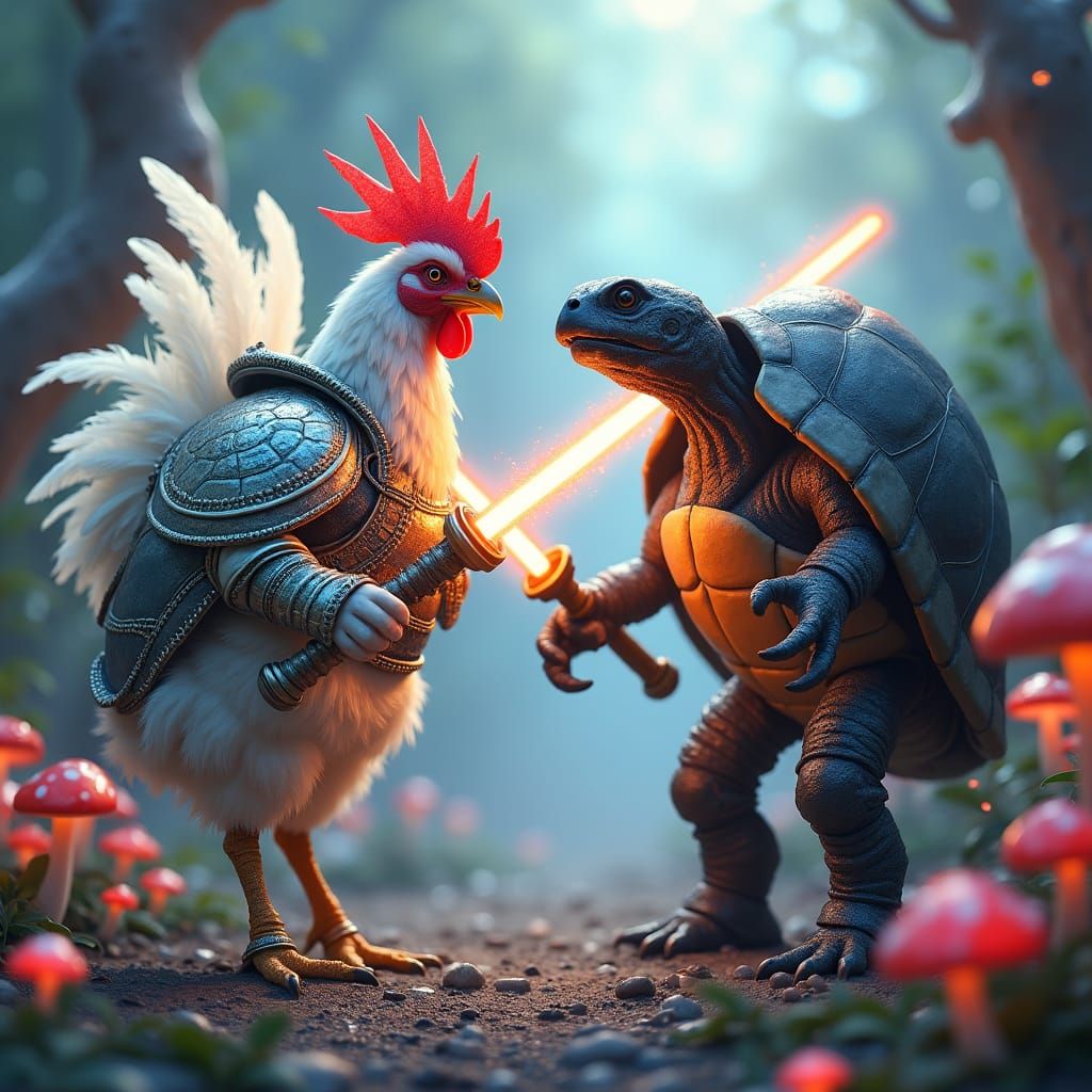 Chicken Warrior vs Turtle Duel with Laser Swords