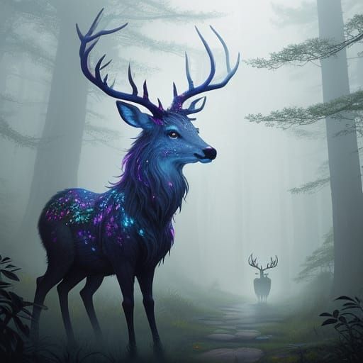Ethereal Deer Guides Travelers Through Enchanted Forest