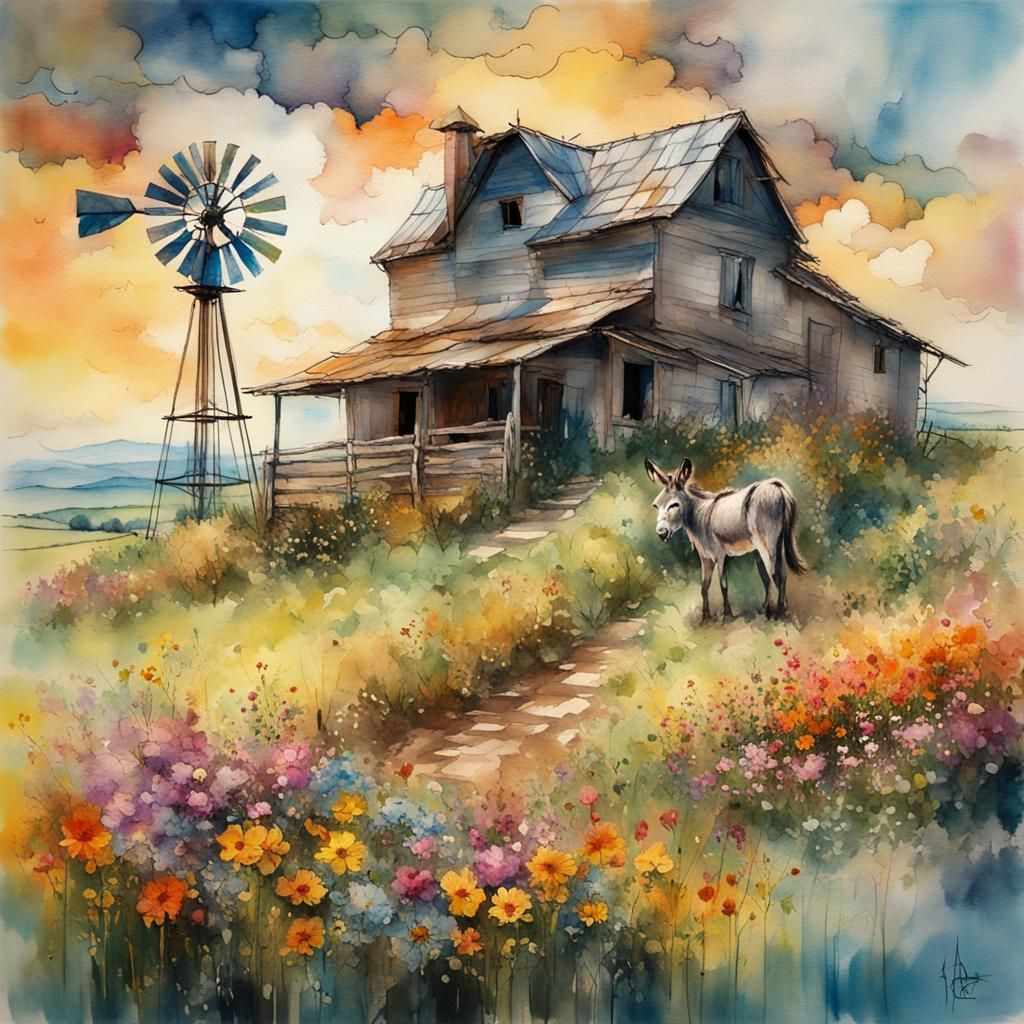 Watercolor Farmhouse Scene with Donkey and Flowers