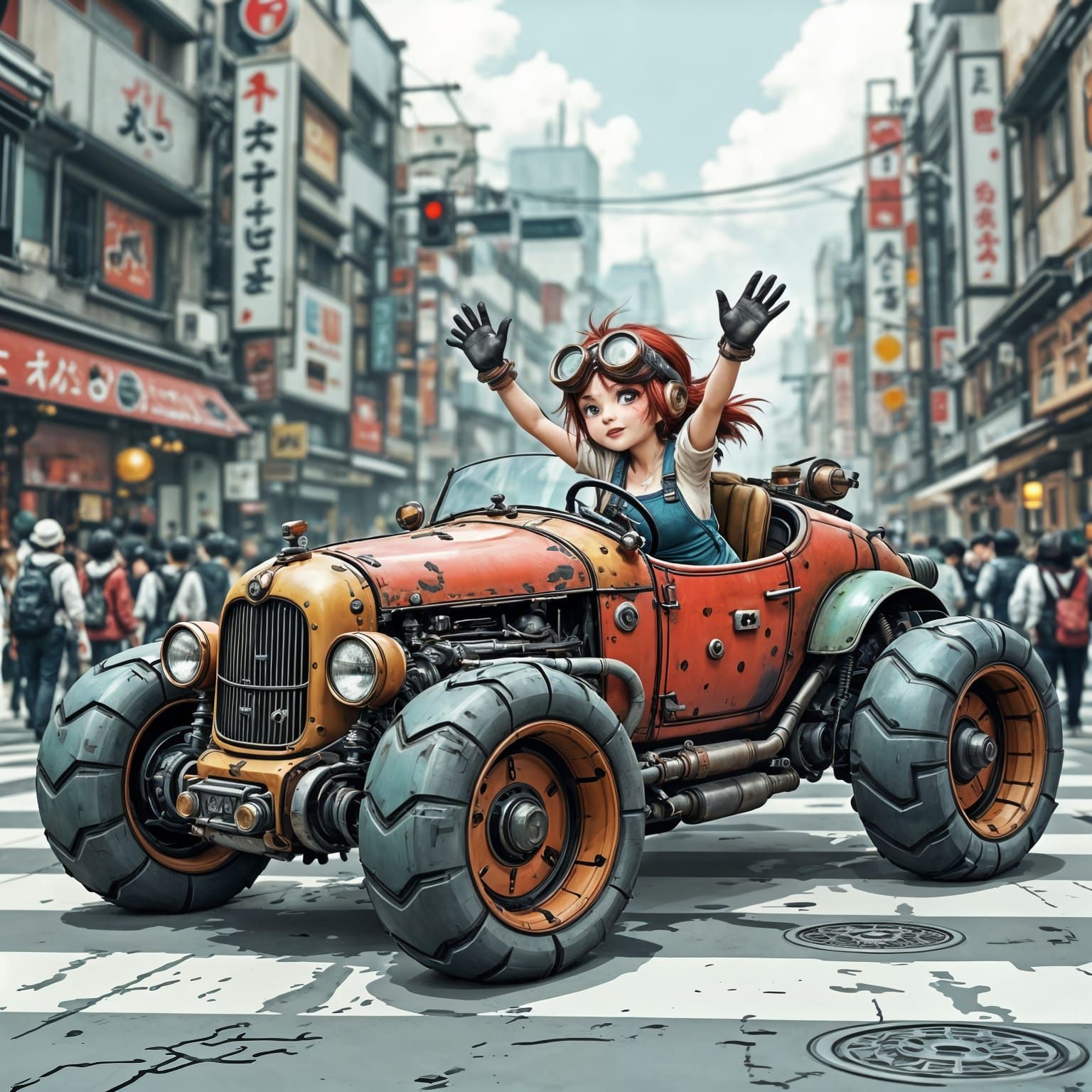 Steampunk Robot Car in Japanese City, Manga Style