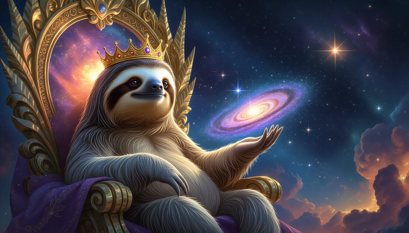 Sloth King on Celestial Throne with Galaxy in Hand