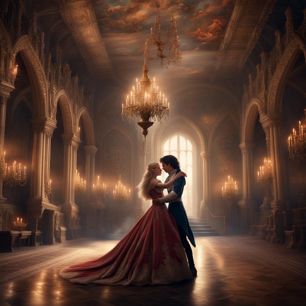 Prince and Princess Dancing in Castle Ballroom