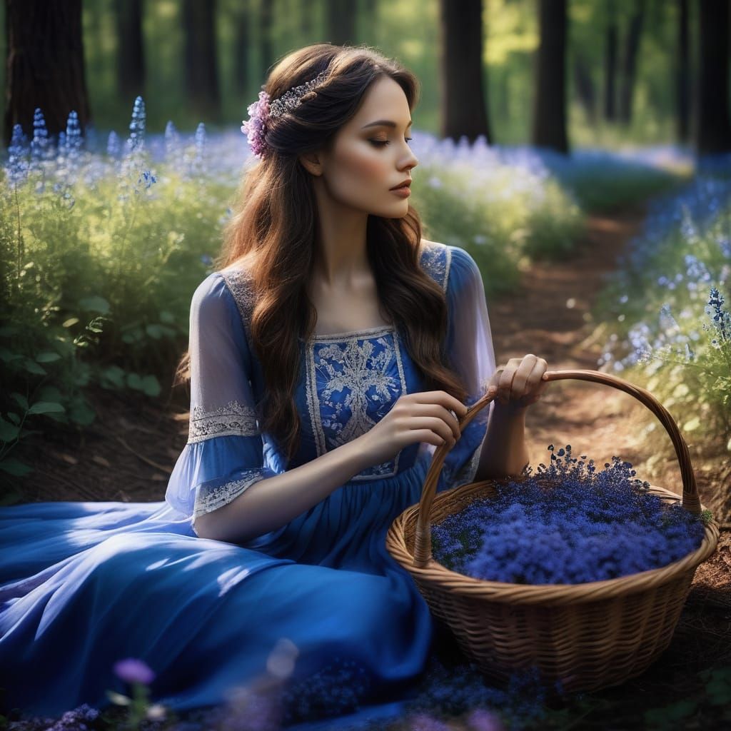 Hyperrealistic Woman in Forest Clearing with Wildflowers