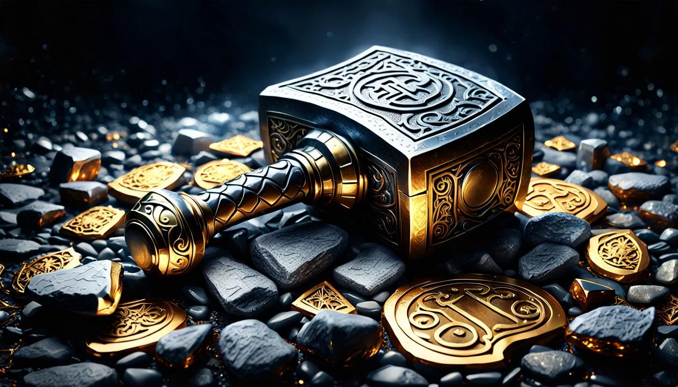 Thor's Hammer with Golden Runes, Digital Illustration