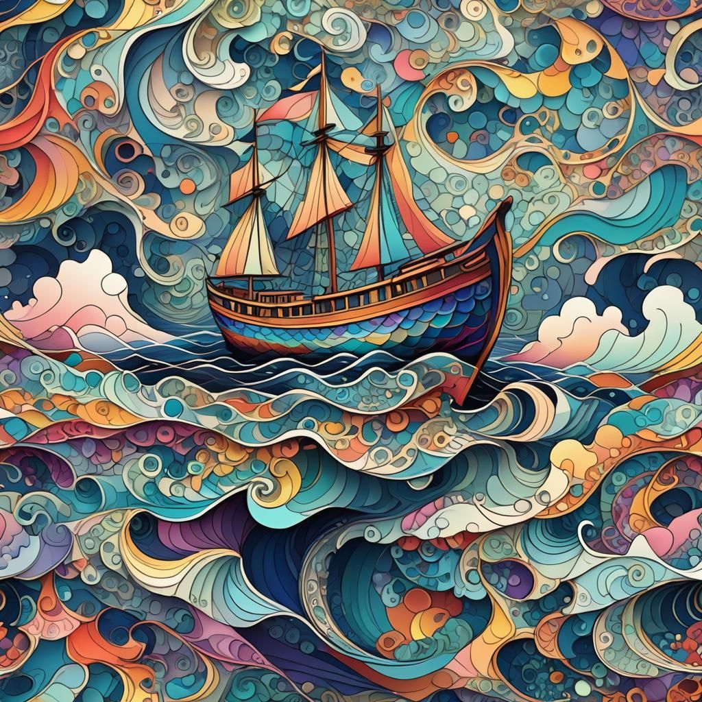 Vibrant Abstract Boat on Fractal Waves with Zentangle Patter...