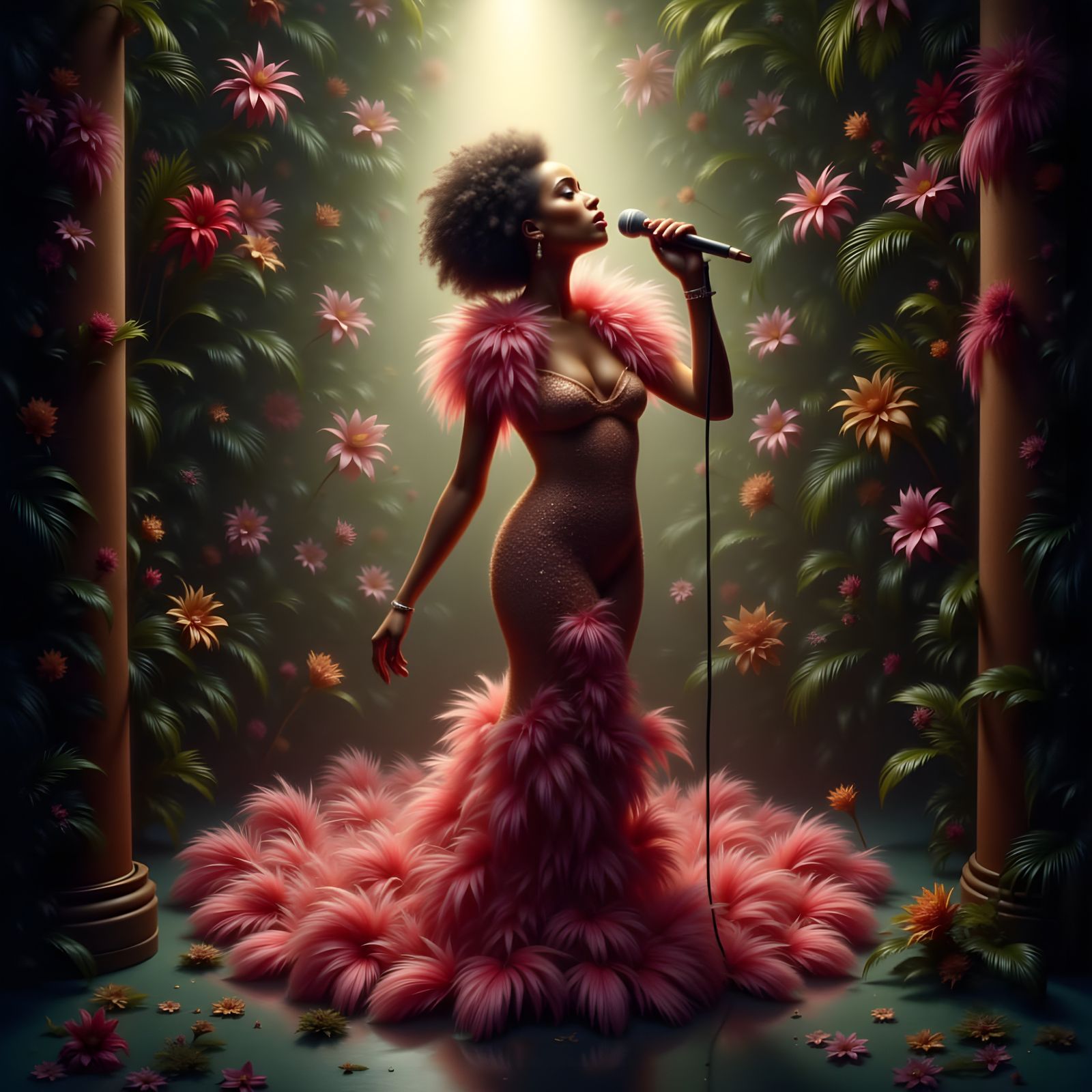 Soulful Jazz Singer in Spotlight with Feather Boa