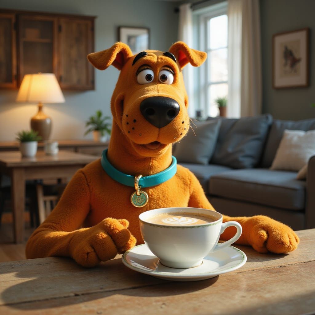 Scooby Doo Enjoys Morning Coffee in a Vibrant Cartoon Style