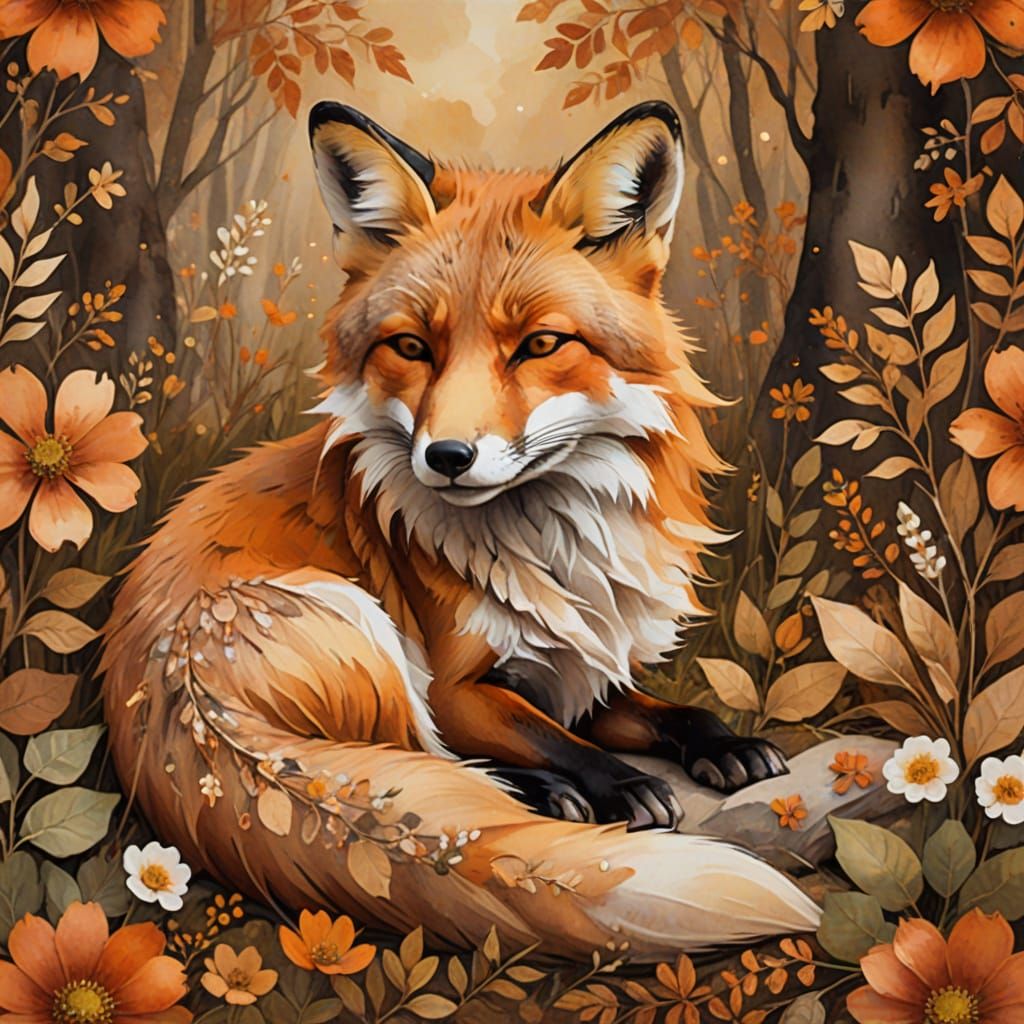 Watercolor Fox Asleep in Autumnal Forest