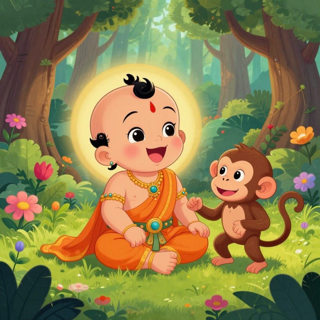 Baby Ram Ji Laughing With Monkey in Enchanting Forest