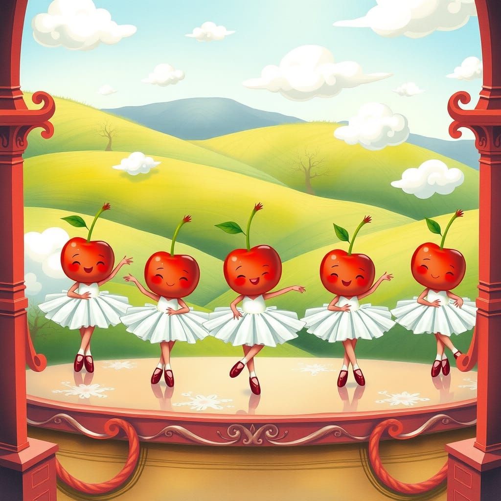 Whimsical Cherry Ballet on a Dreamy Stage