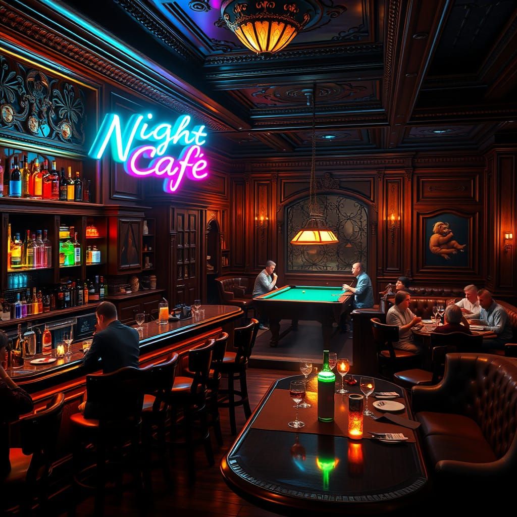 Mystical Night Cafe with Vibrant Neon Sign