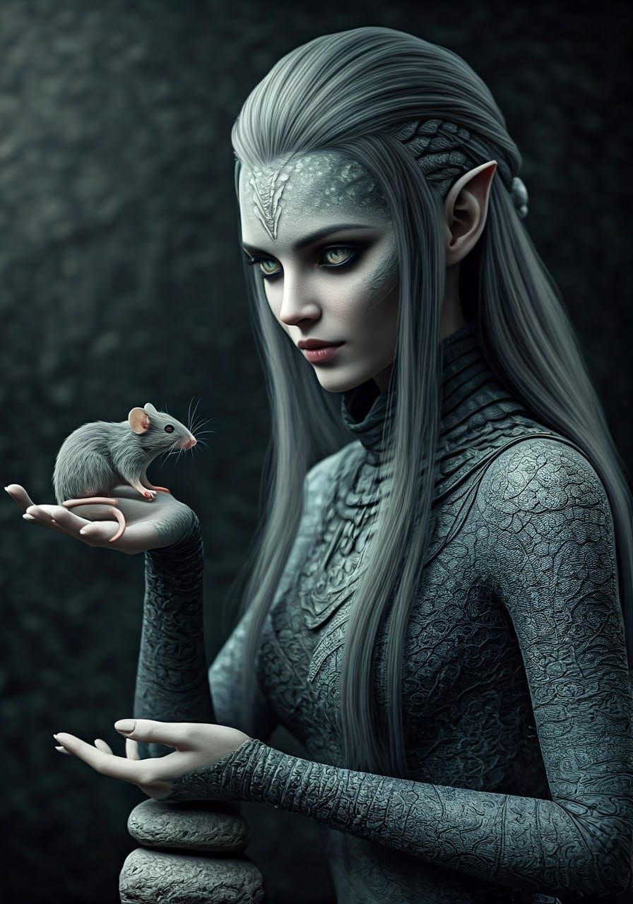 Grey Alien with Mouse on Stone