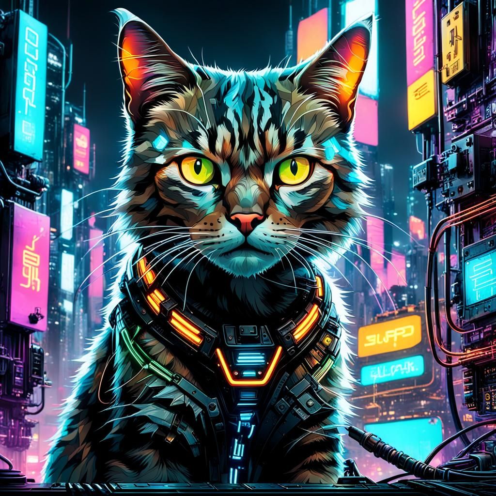 Transparent Cyberpunk Cat on Rooftop Cityscape