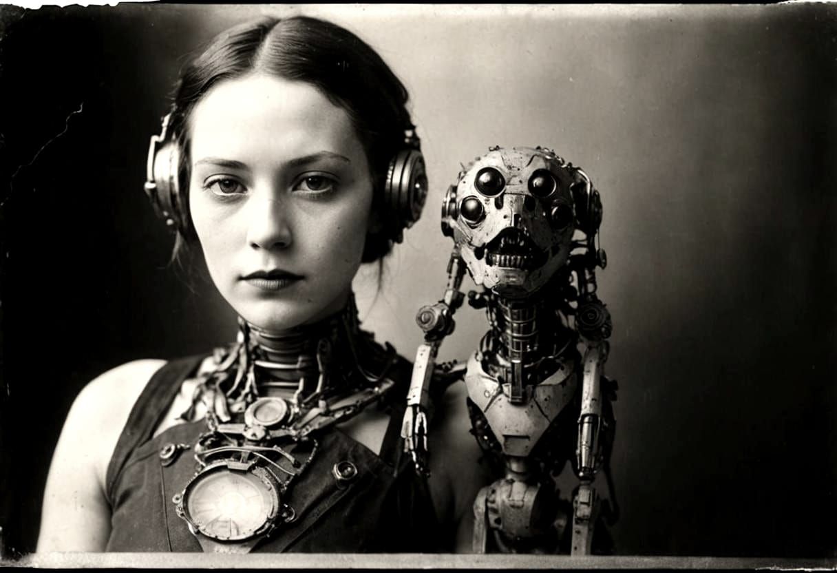 Cyborg Woman and Pet: 1920s Style Photo