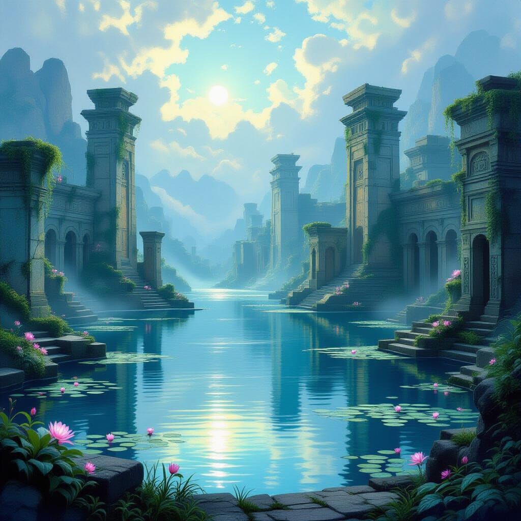 Mystical Lake Ruins with Art Deco Structures in Impressionis...