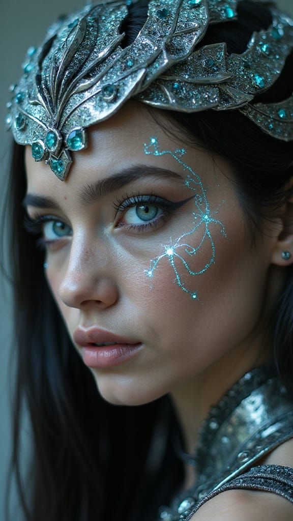 Mystical High Priestess with Glowing Cyan Eyes