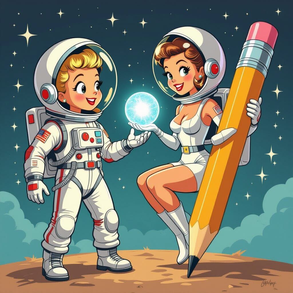 Pin-Up Astronaut Meets Giant Pencil Character