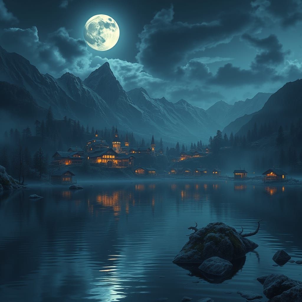 Moonlit Lakeside Village: Detailed Fantasy Art