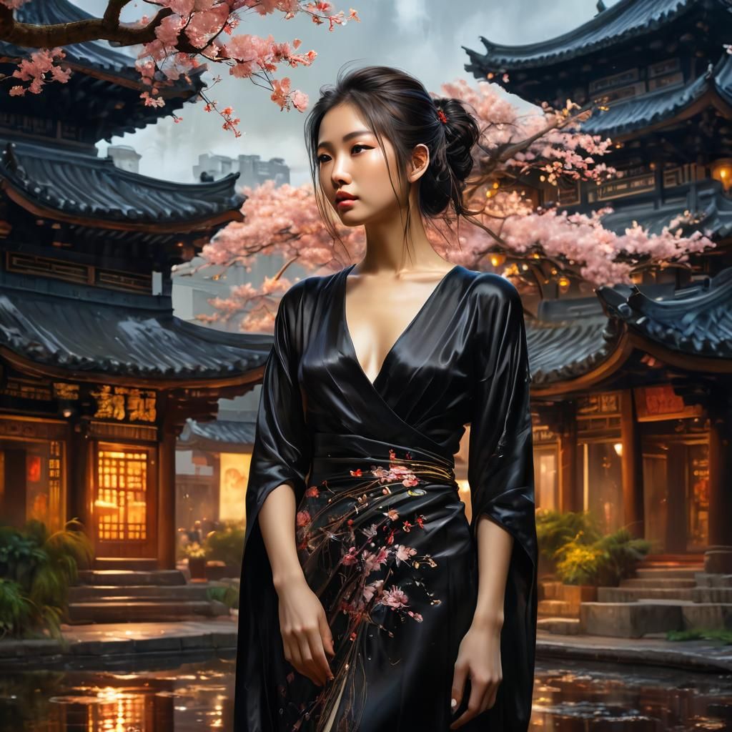 Asian Woman in Cherry Blossom Garden, Anime Style