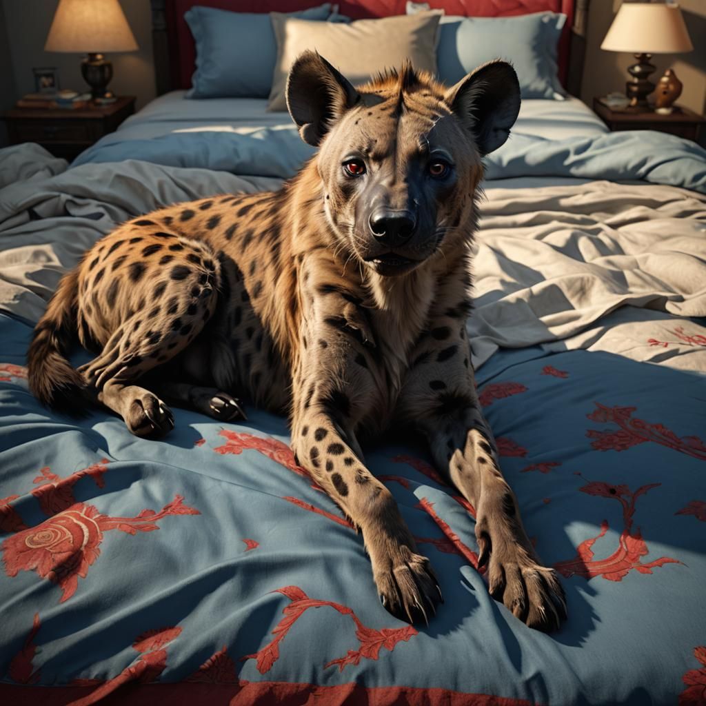 Hyperrealistic Humanoid Hyena in Sunlit Bedroom