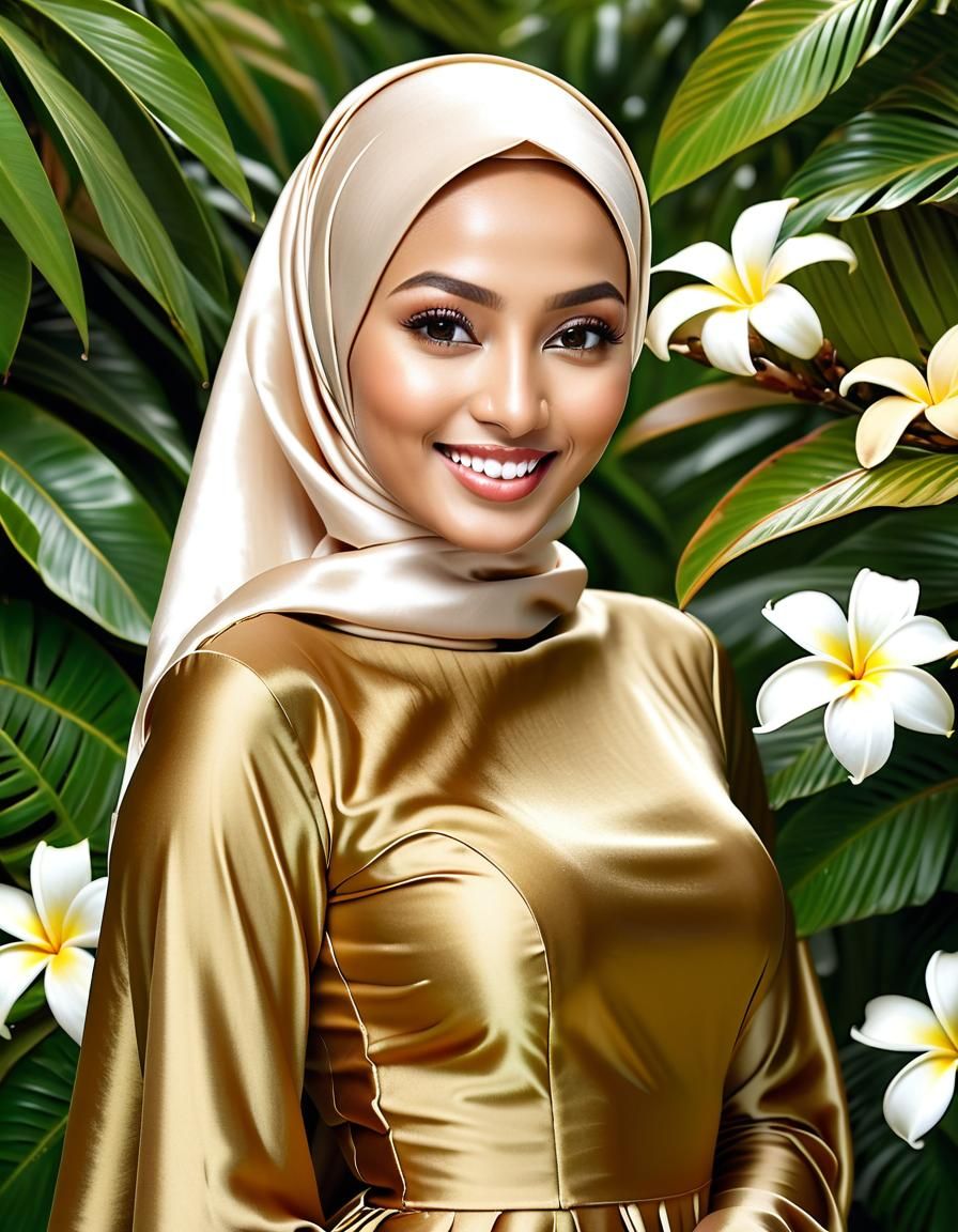 Laughing Indonesian Woman in Gold Dress: Photorealistic Port...