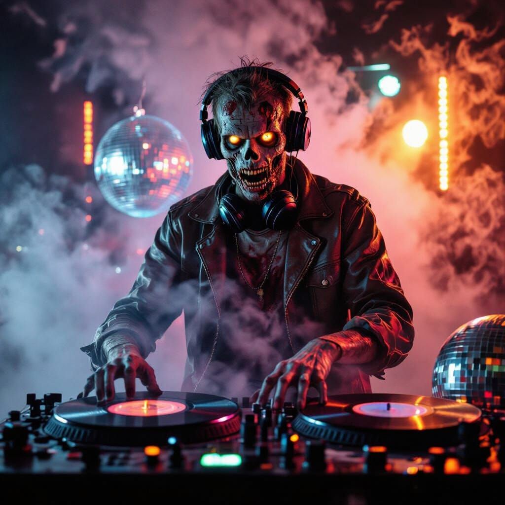 Zombie DJ Spins Records Under Neon Fog