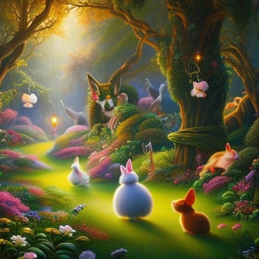 Enchanted Rabbits Playing in a Whimsical Forest