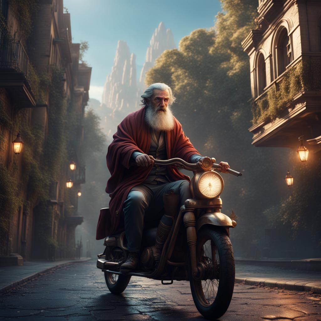 Philosopher Rides Macbook: Detailed Digital Art