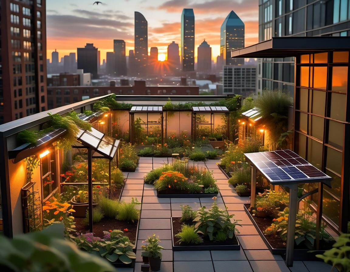 Rooftop Garden Oasis with Dinosaurs at Sunset