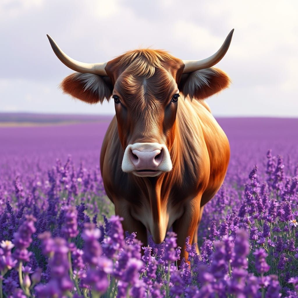 Regal Purple Landscape with Majestic Cow