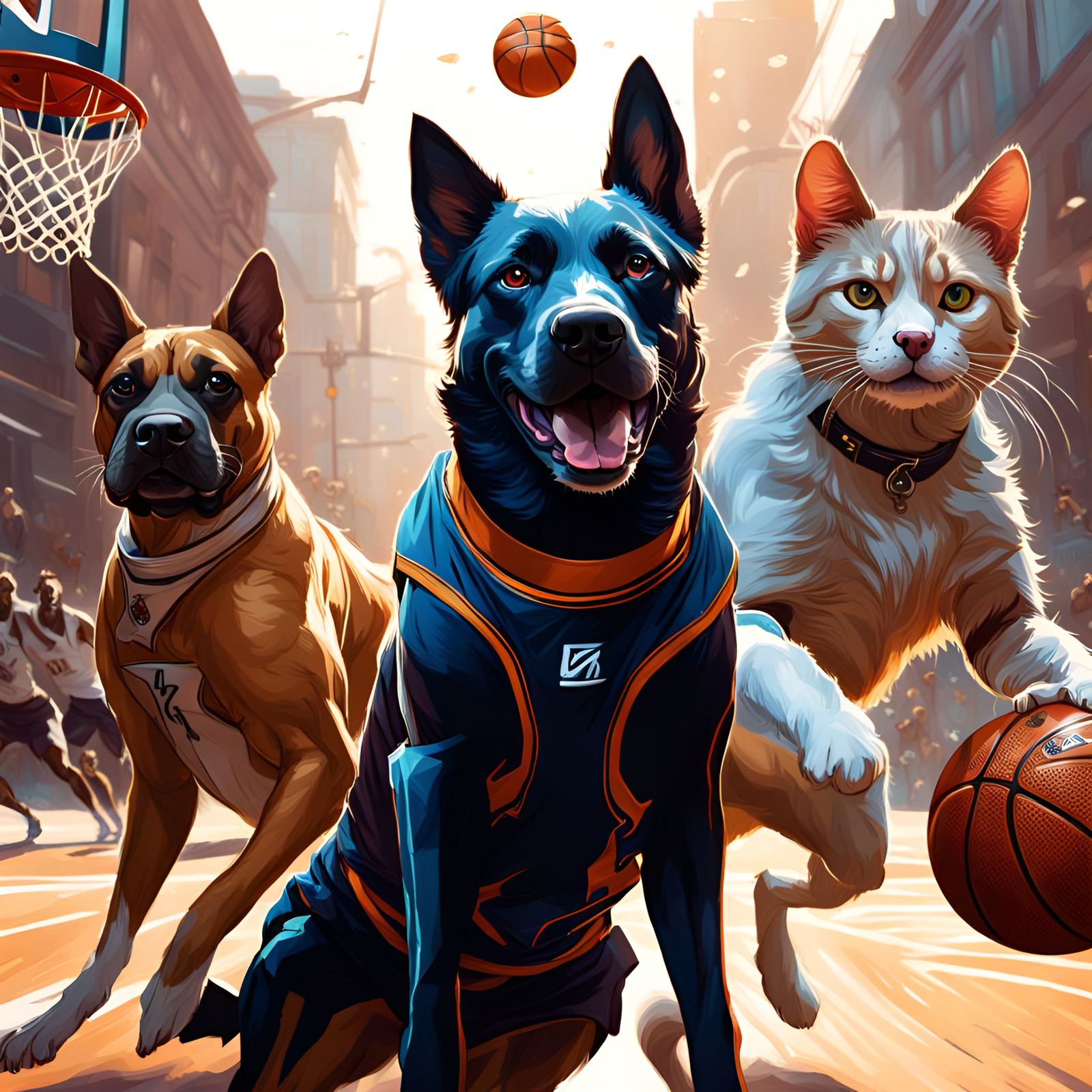 Dogs Versus Cats Basketball Game in Hyperdetailed Portrait