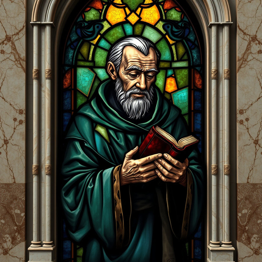 Medieval Monk in Stained Glass with Kintsugi Details