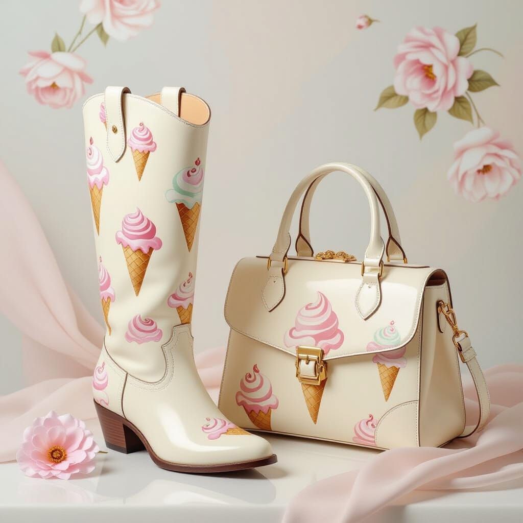 Boots and Handbag with Ice Cream Motif in Impressionist Styl...