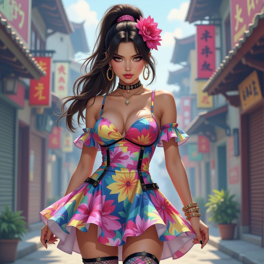 Rebellious Woman in Luminism Style Kawaii Dress