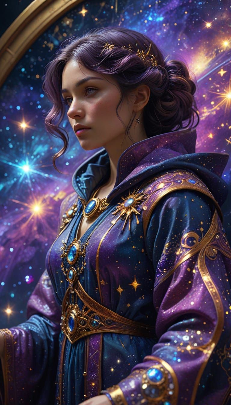 Celestial Cartographer Mapping Cosmos in Art Nouveau Style