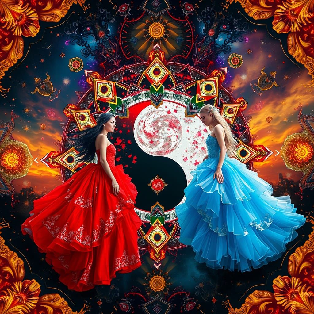 Yin Yang Kaleidoscope with Girls in Digital Matte Painting