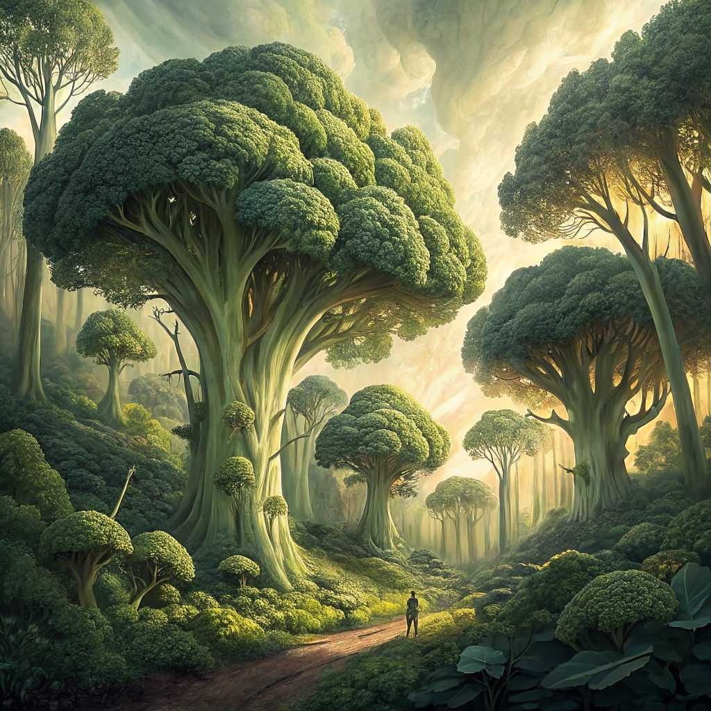 Hyper-realistic huge ancient forest made up of broccoli