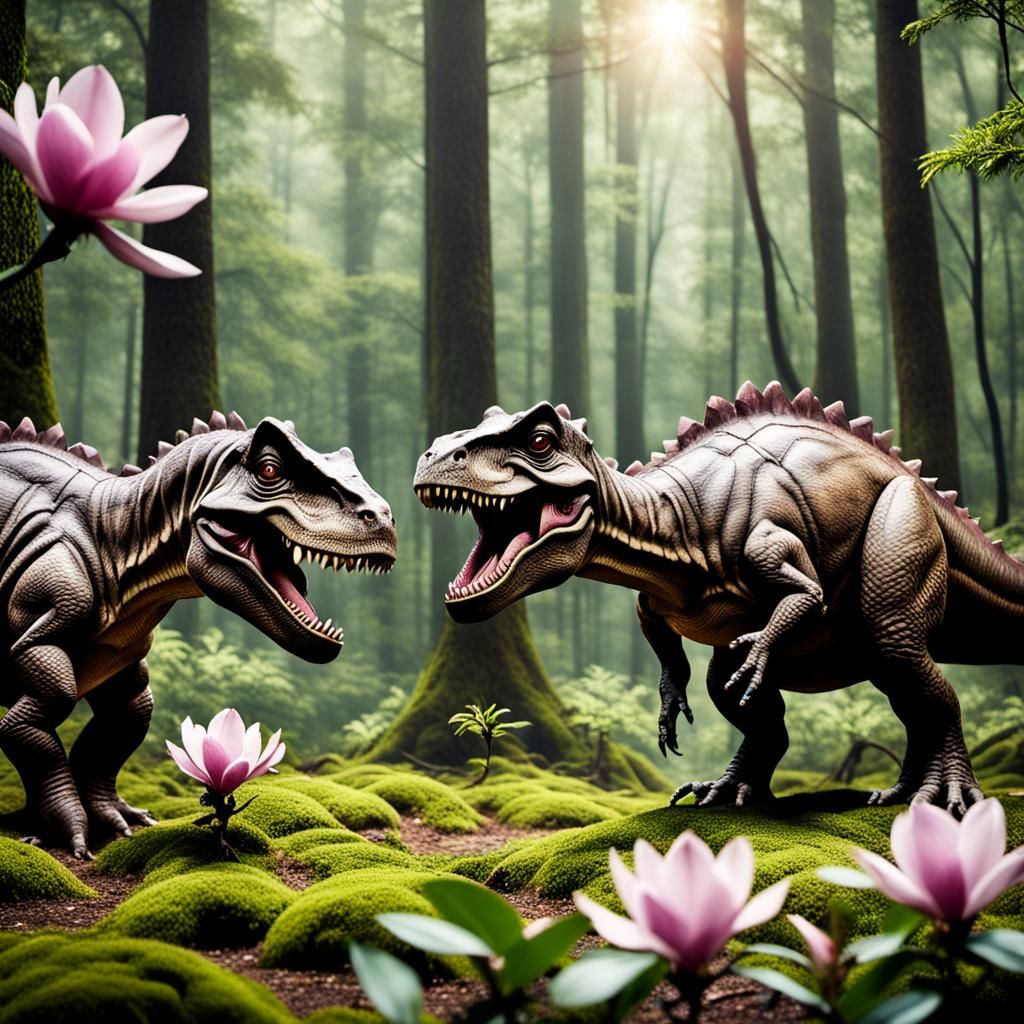 Dinosaurs in a Forest with Blooming Magnolias