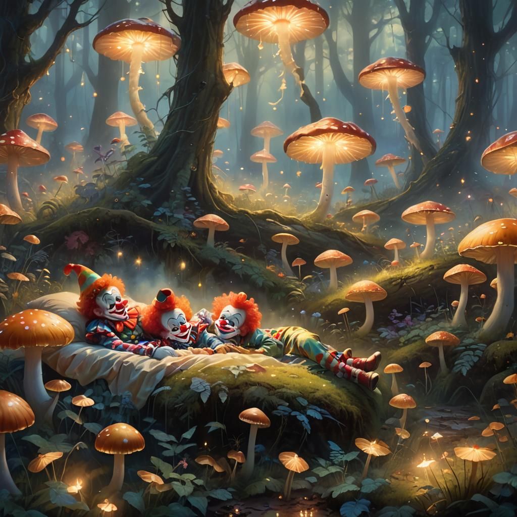 Dreamlike Clowns Sleeping in Misty Forest