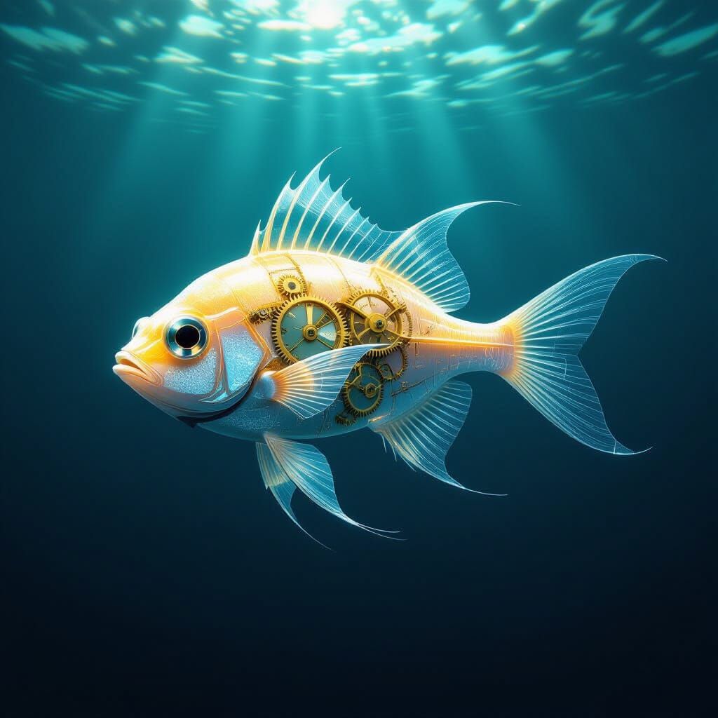 Bioluminescent Clockwork Fish in Deep Sea Abyss