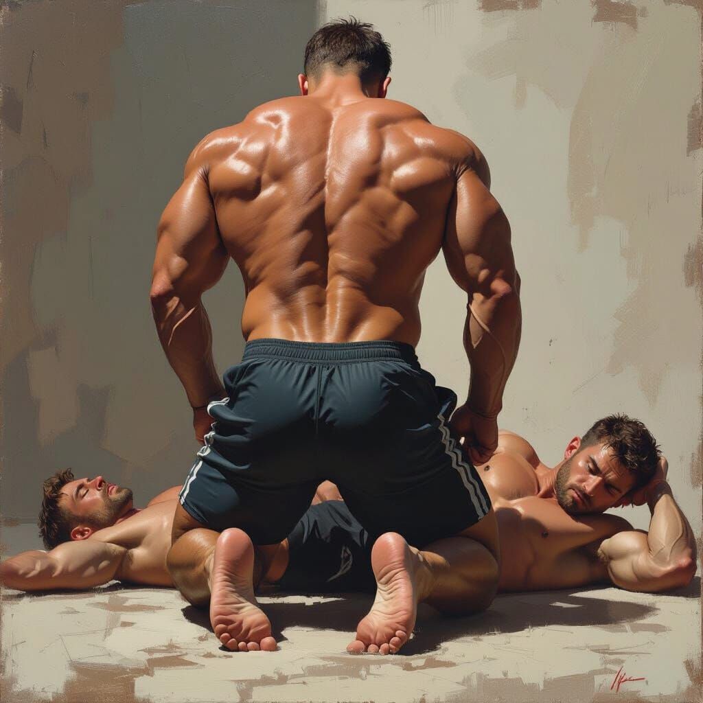 Muscular Man with Bare Feet in Realistic Style