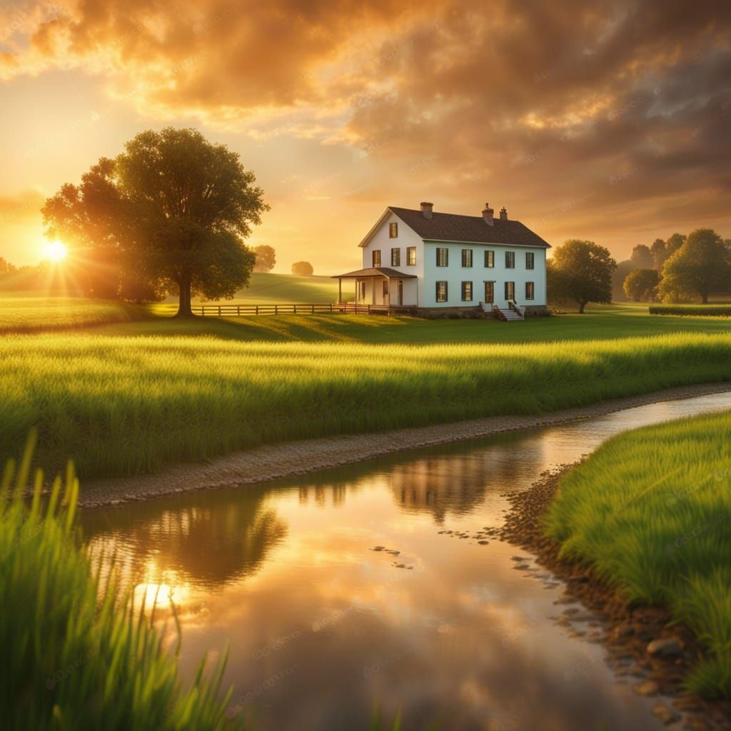Sunrise Over Green Field: Photorealistic Farmhouse Scene