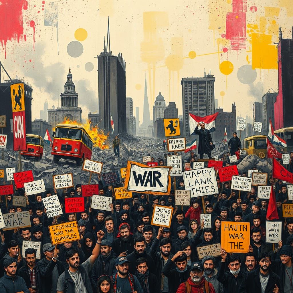Urgent Anti-War Protest in a War-Torn Cityscape