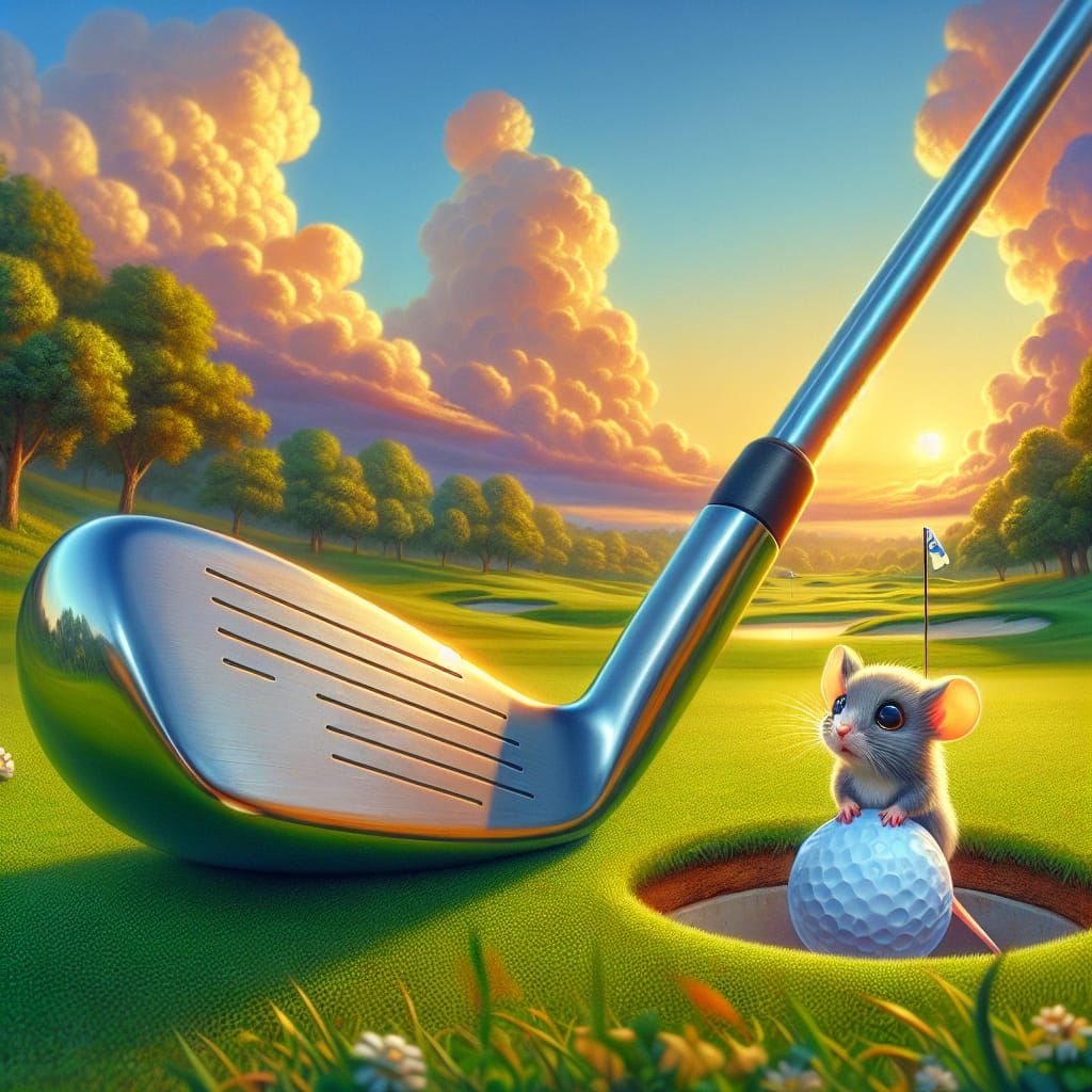 Mouse on Golf Course at Sunset as Oil Painting
