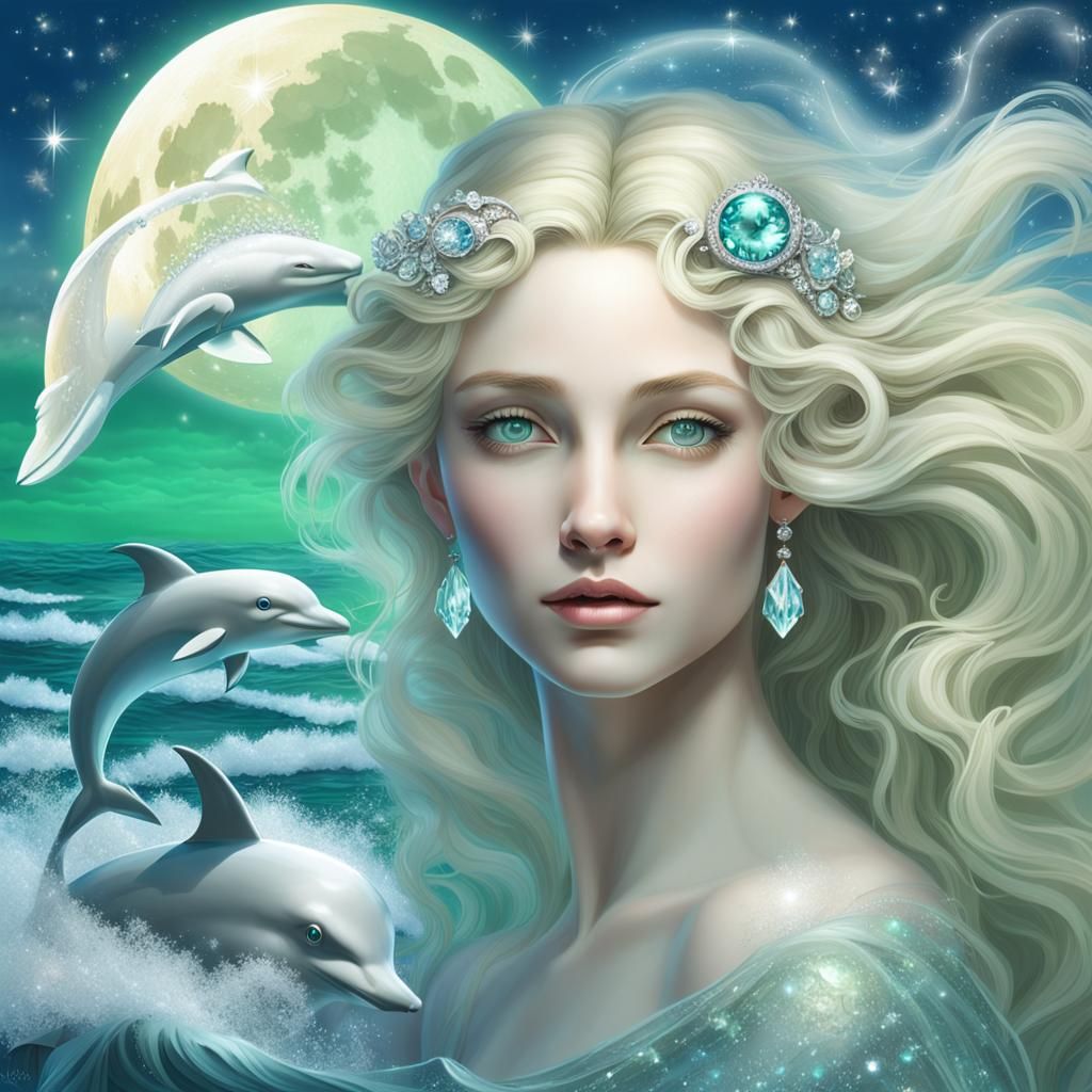 Aphrodite, Goddess of Love, Crystal Wave and Moon