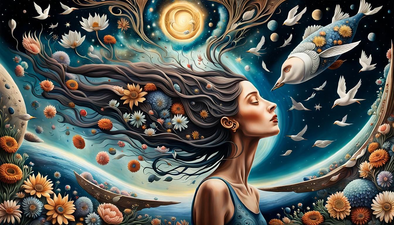 Surreal Woman Holds Cosmos in Upside-Down Universe