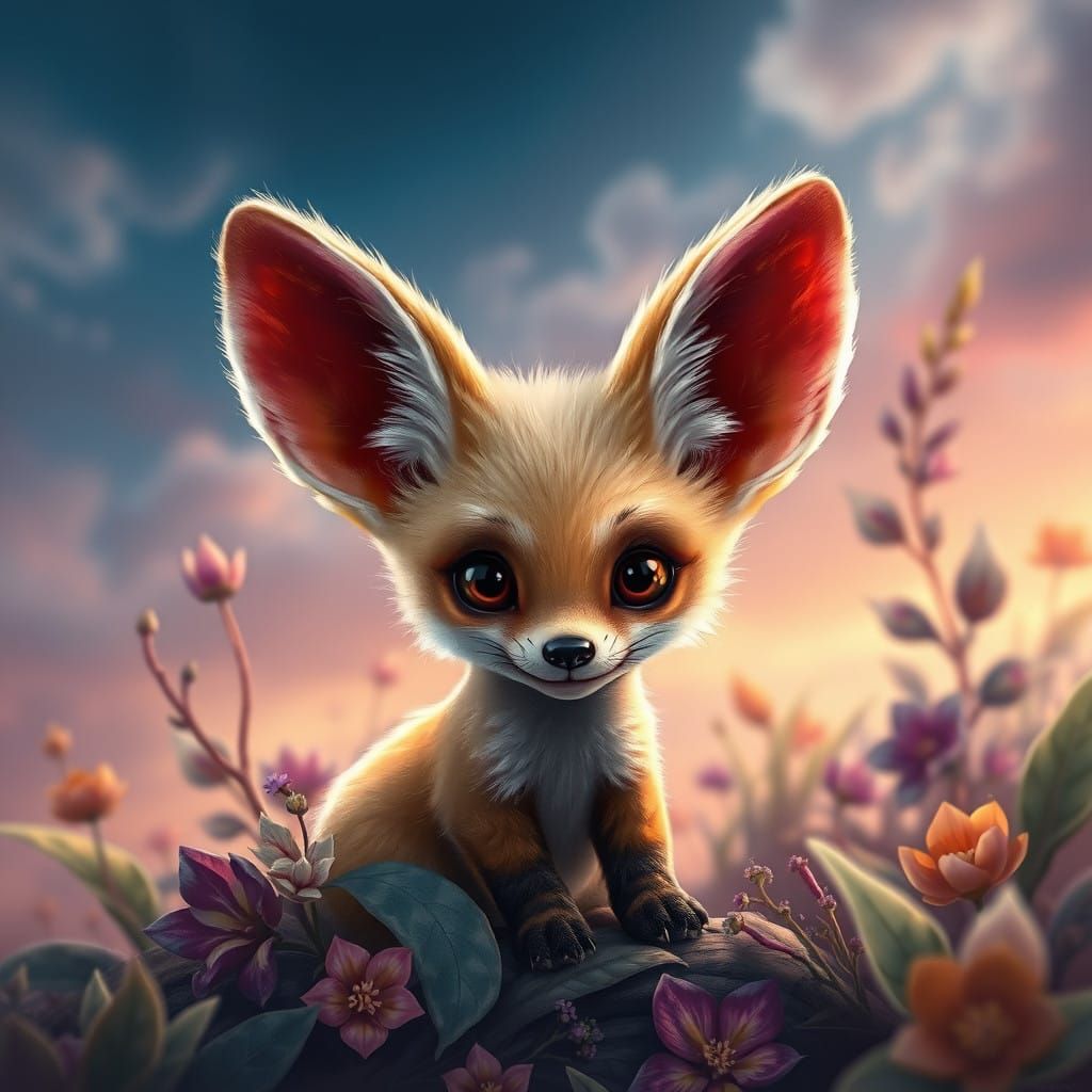 Whimsical Fennec Fox in Vibrant Fantasy Landscape