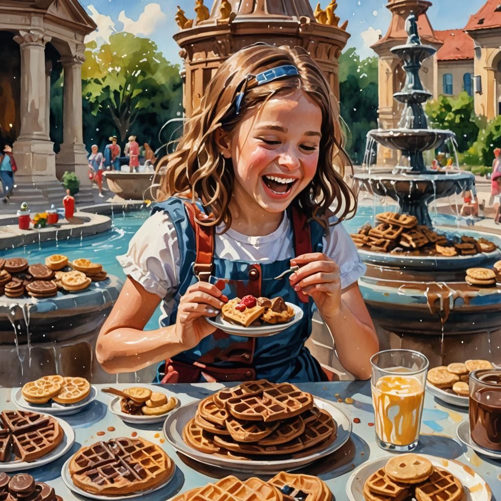 Chocolate Fountain with Happy Girl in Gouache Style